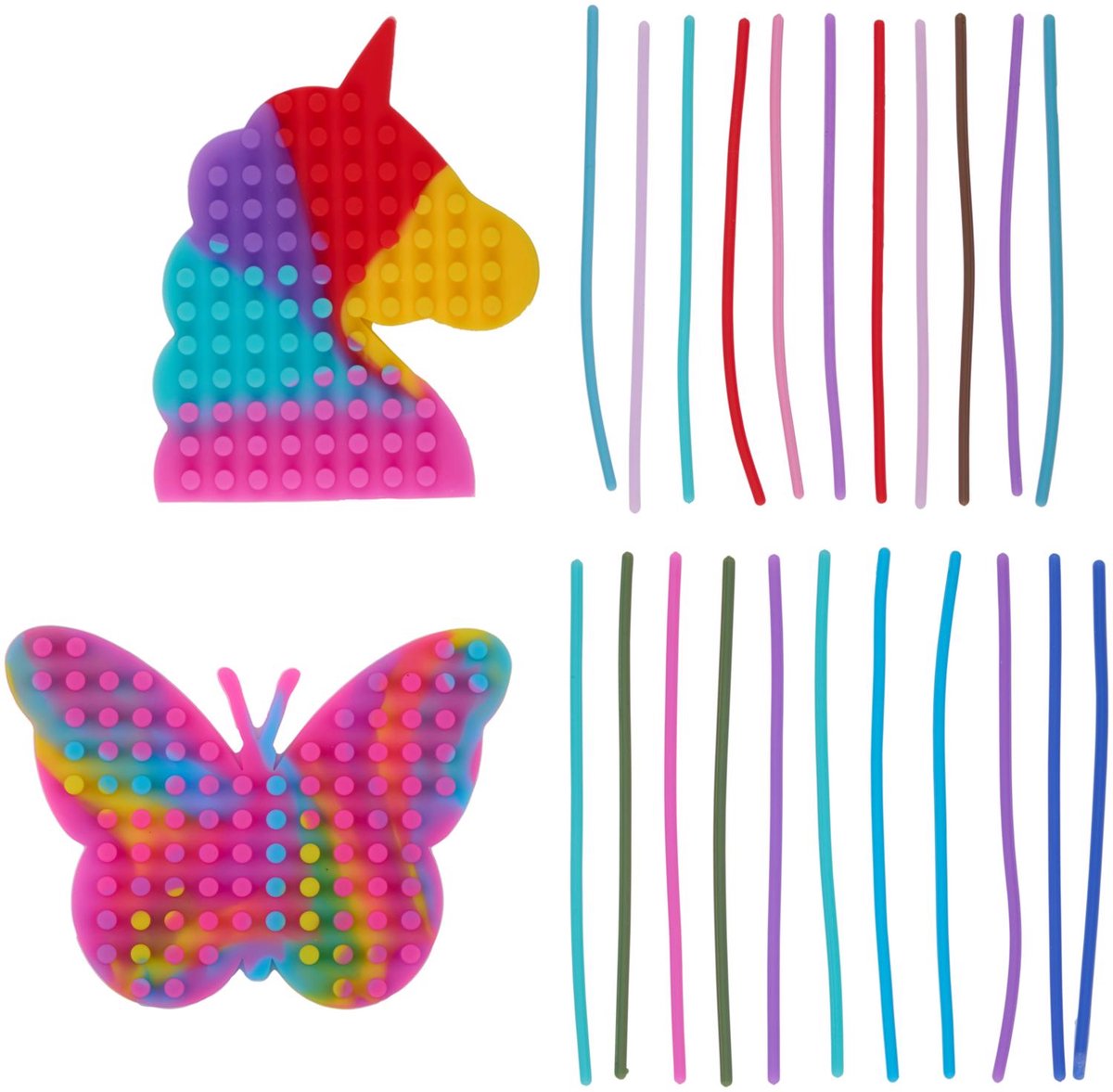 Eddy Toys pop it rijgspel kinderen – fidget speelgoed met rijgfunctie – pop it fidget in siliconen – motoriek speelgoed vlinder of eenhoorn – educatief rijgspeelgoed vanaf 3 jaar - 1 willekeurige set