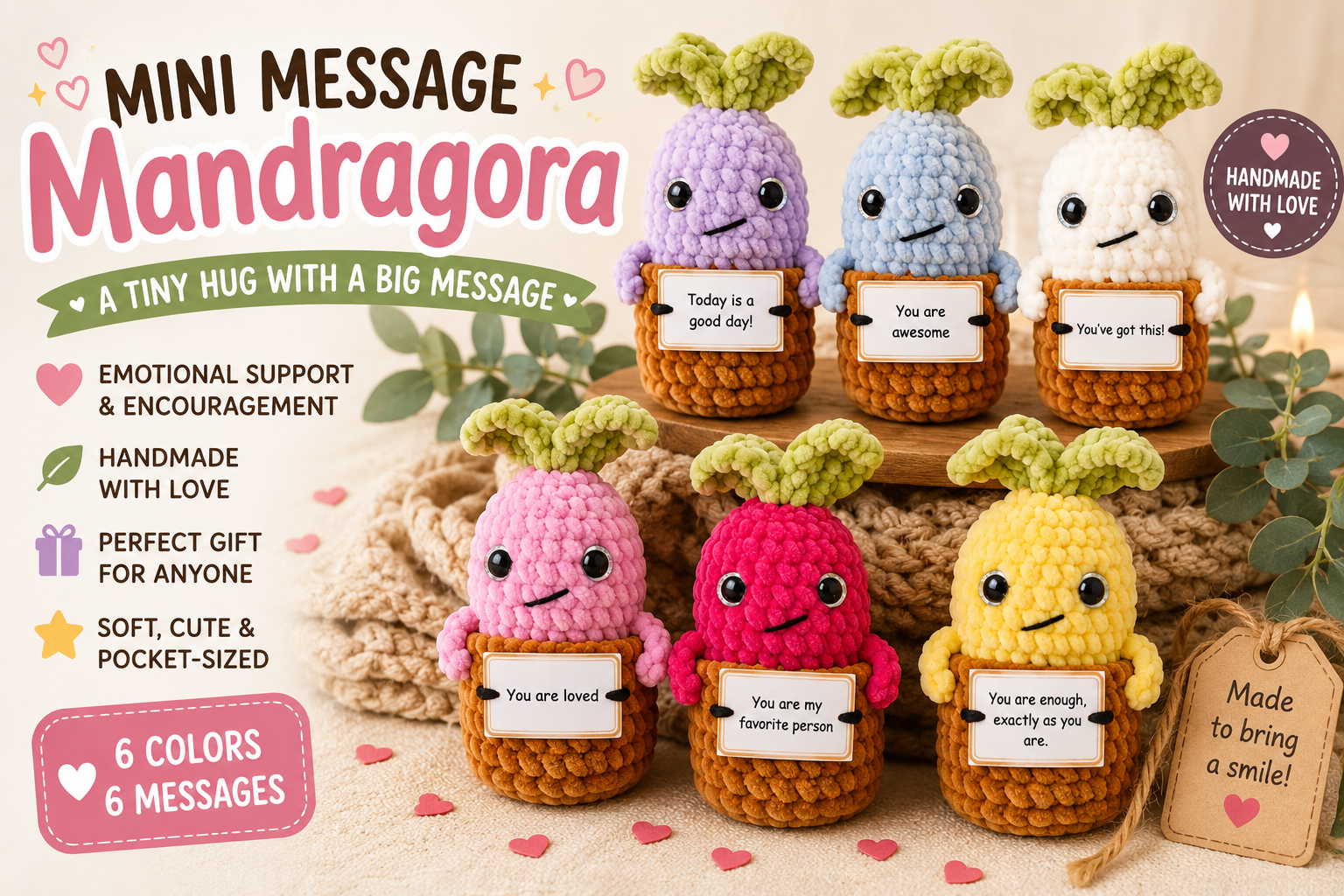 Pocket Hug Mandragora™ – Handmade Emotional Support Plush with Inspirational Message Card