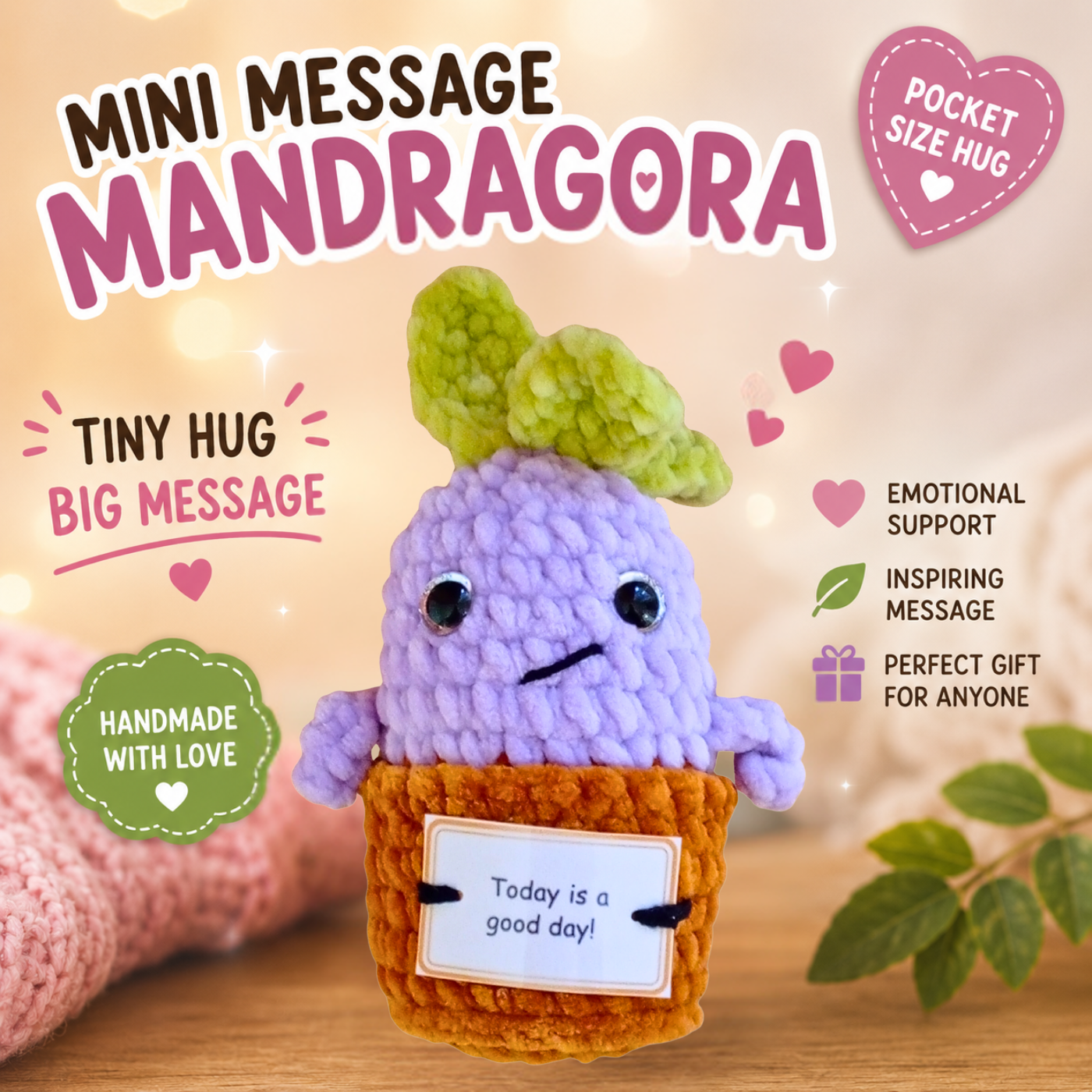 Pocket Hug Mandragora™ – Handmade Emotional Support Plush with Inspirational Message Card