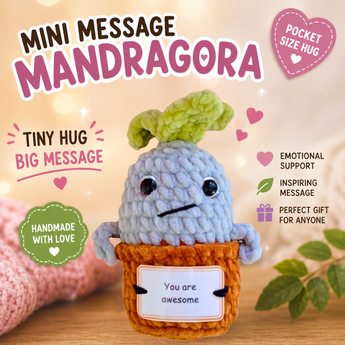 Pocket Hug Mandragora™ – Handmade Emotional Support Plush with Inspirational Message Card