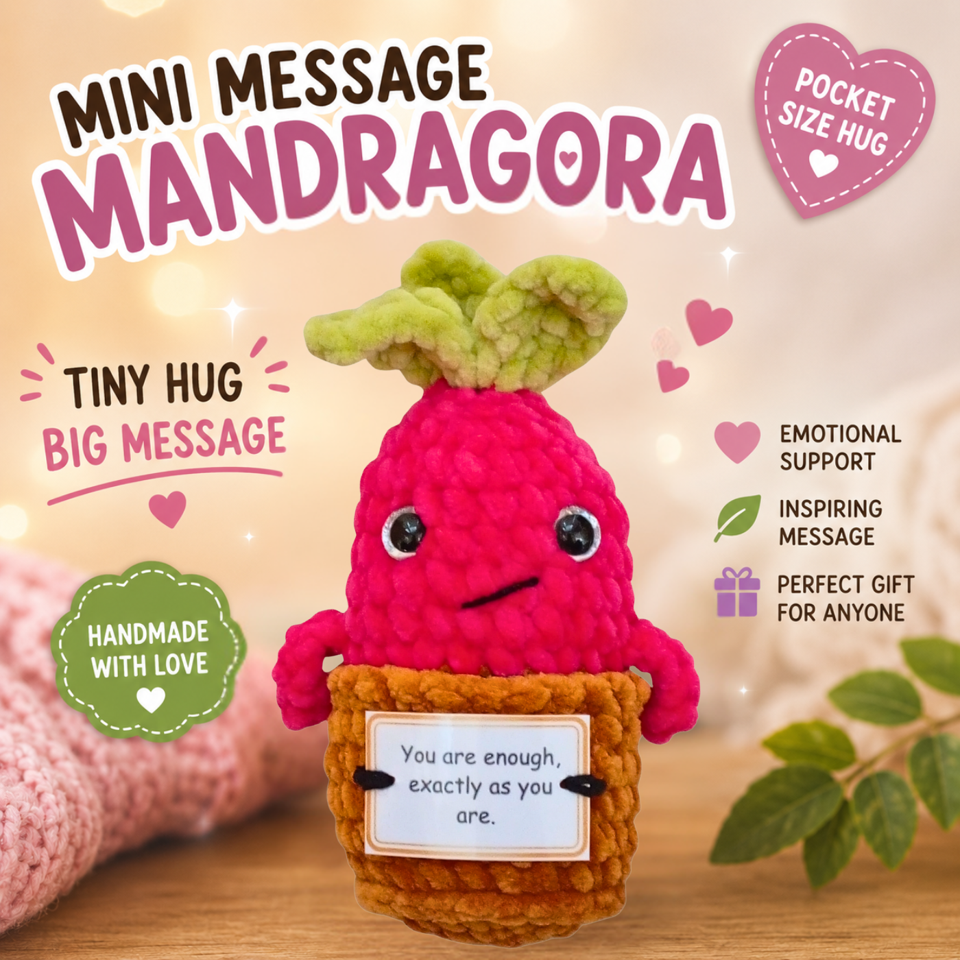 Pocket Hug Mandragora™ – Handmade Emotional Support Plush with Inspirational Message Card
