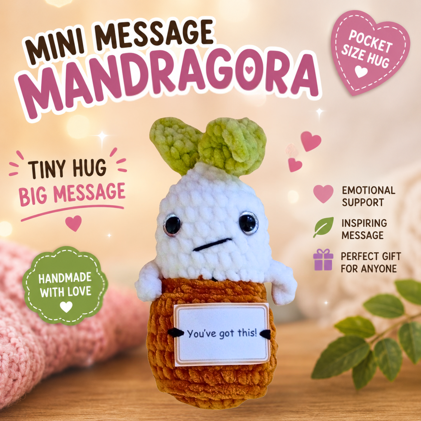 Pocket Hug Mandragora™ – Handmade Emotional Support Plush with Inspirational Message Card