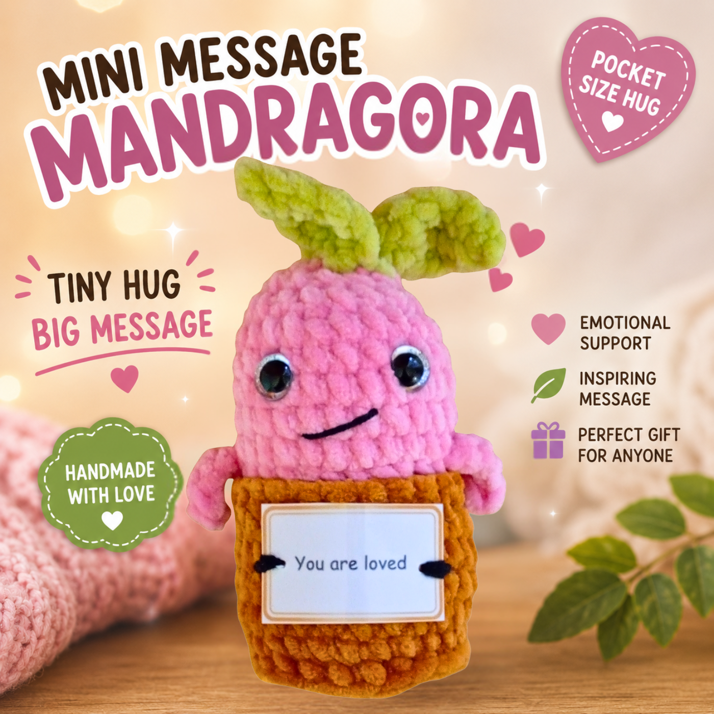 Pocket Hug Mandragora™ – Handmade Emotional Support Plush with Inspirational Message Card