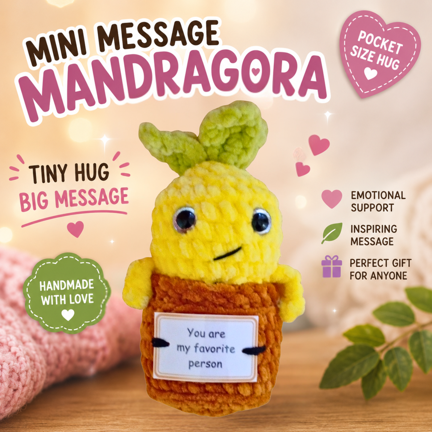 Pocket Hug Mandragora™ – Handmade Emotional Support Plush with Inspirational Message Card