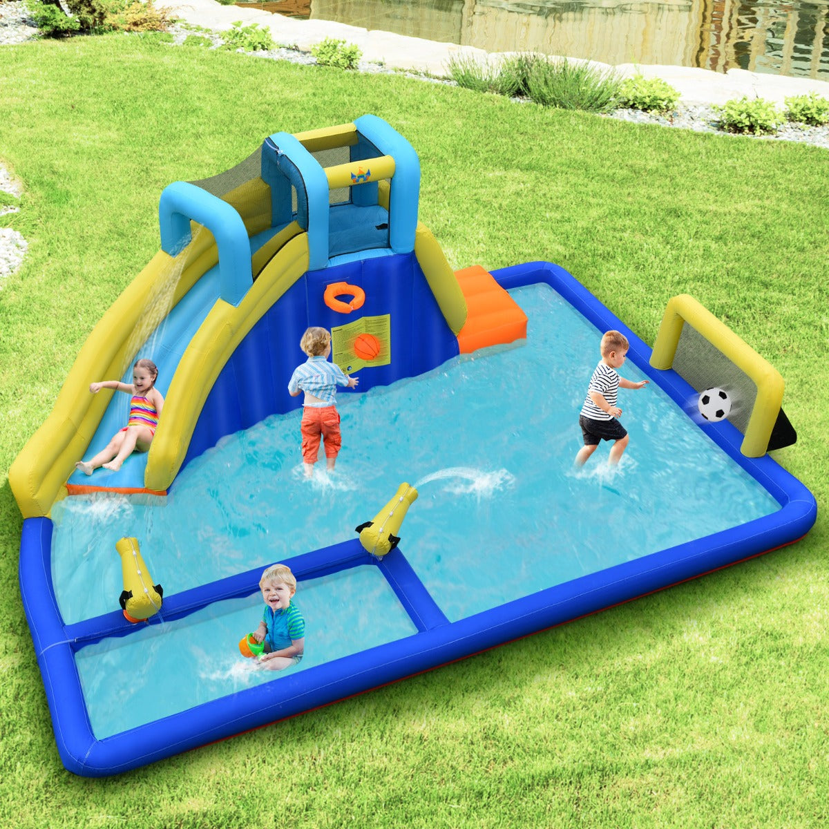 NNECW Inflatable Water Jumping House with Water Sprayers & Slide for Outdoor Play with Blower