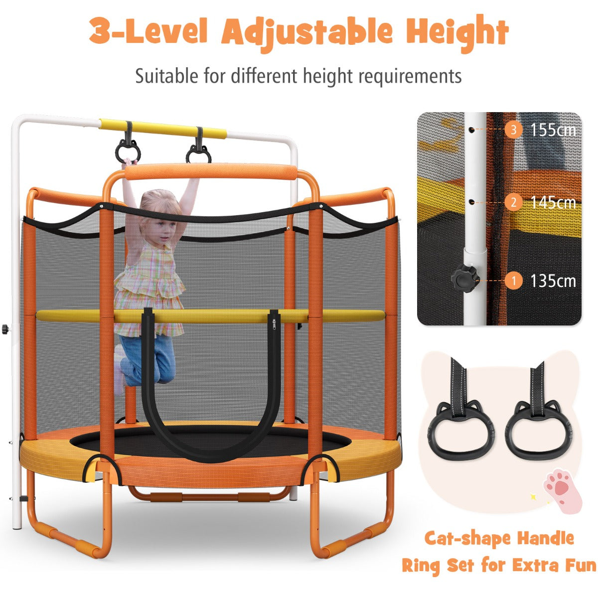 NNECW 152cm Kids 3-in-1 Game Trampoline Seamless with Enclosure Net